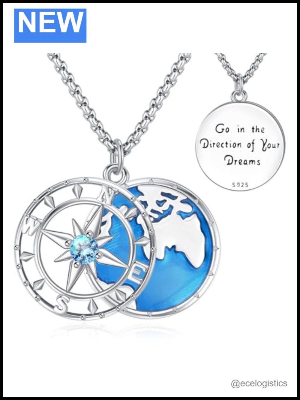 Sterling Silver Compass Pendant Necklace Graduation Gift Travel